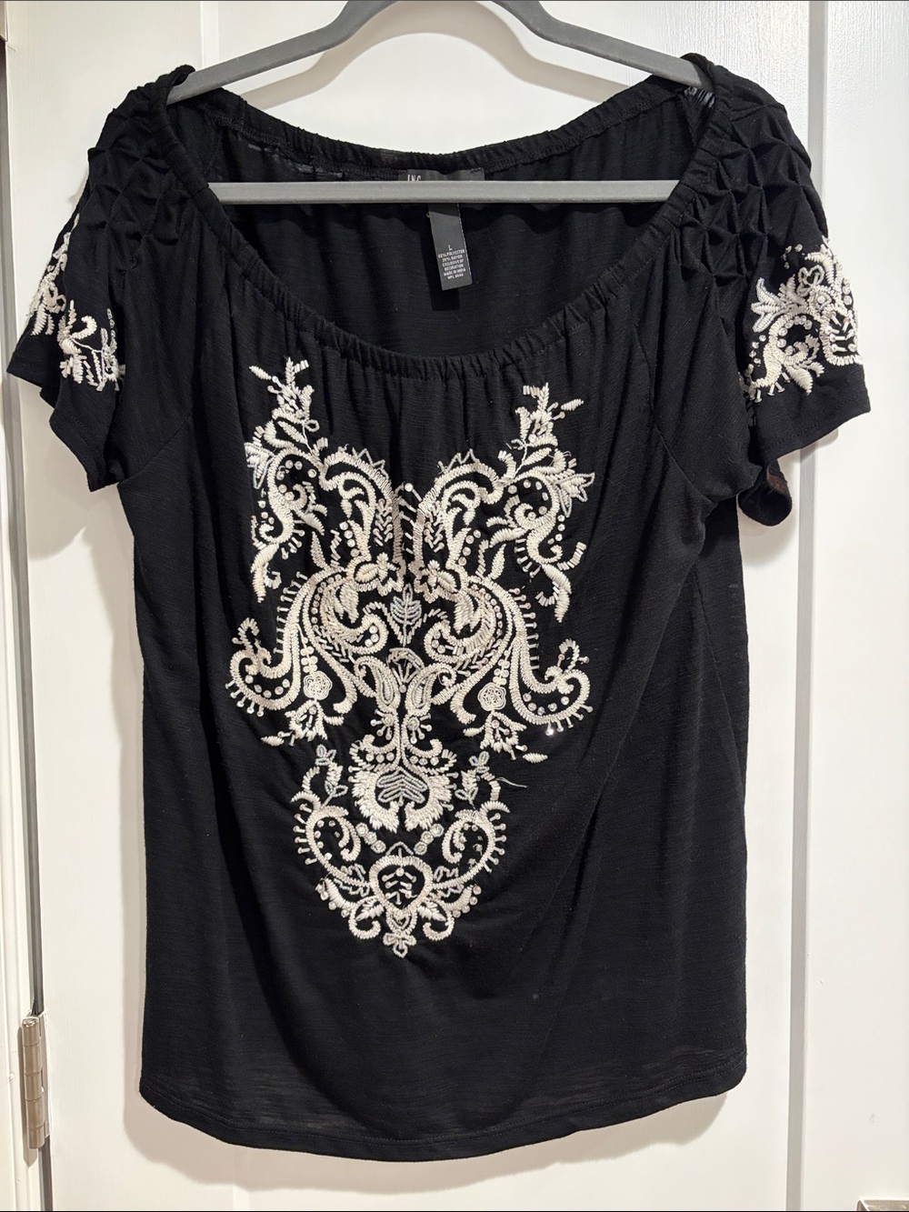 Black Embroidered Short Sleeve Women's Top